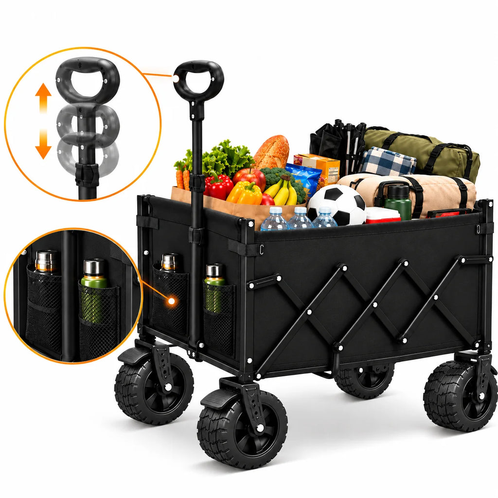 739/600/375LBS Heavy Duty Folding Wagon Cart, Large Capacity Collapsible Utility Wagon with Reinforced Steel Frame, Durable Oxford Fabric, Adjustable Handle, Extra Wide All-Terrain Wheels & Side Storage Pockets for Camping, Shopping, Garden, Beach & Outdo