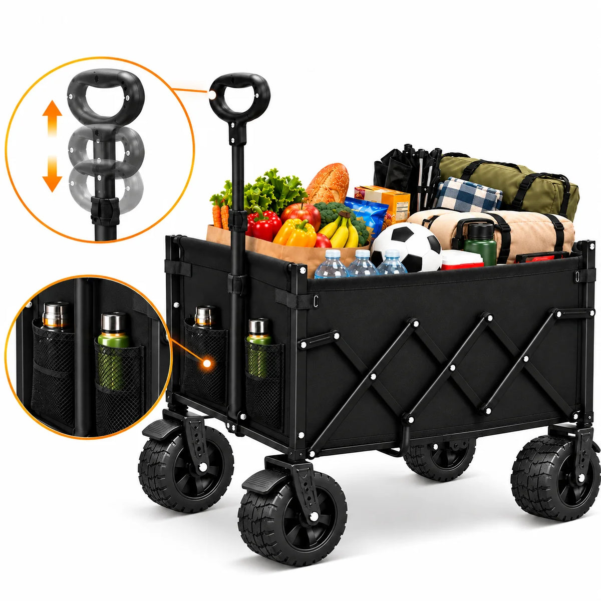 739/600/375LBS Heavy Duty Folding Wagon Cart, Large Capacity Collapsible Utility Wagon with Reinforced Steel Frame, Durable Oxford Fabric, Adjustable Handle, Extra Wide All-Terrain Wheels & Side Storage Pockets for Camping, Shopping, Garden, Beach & Outdo