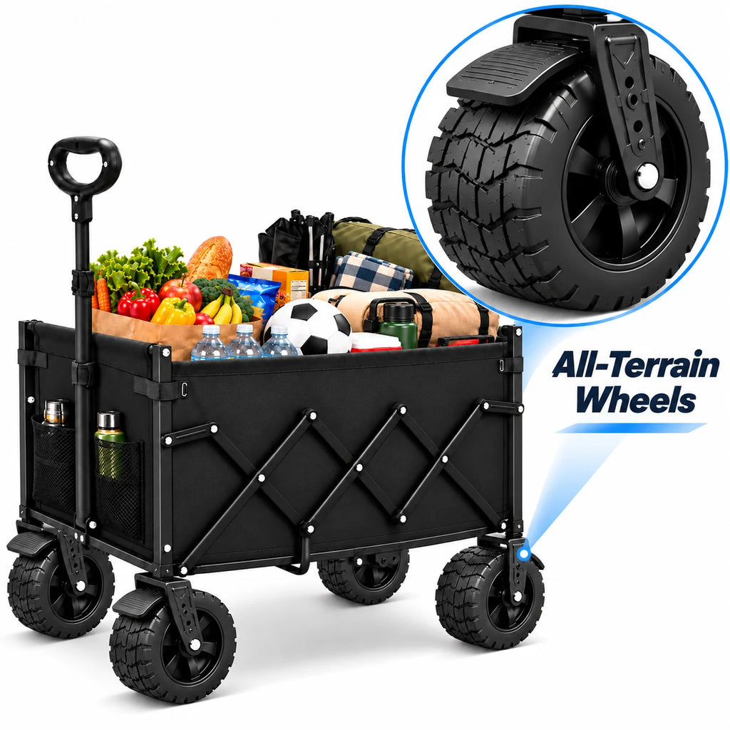 739/600/375LBS Heavy Duty Folding Wagon Cart, Large Capacity Collapsible Utility Wagon with Reinforced Steel Frame, Durable Oxford Fabric, Adjustable Handle, Extra Wide All-Terrain Wheels & Side Storage Pockets for Camping, Shopping, Garden, Beach & Outdo