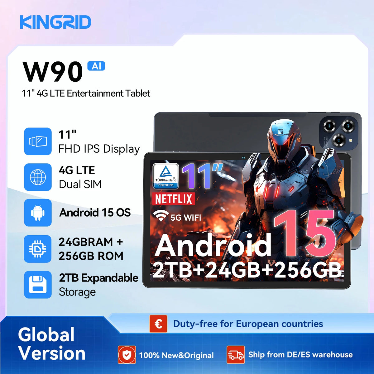 KINGRID W90 Tablet Android Android 15 Tablet PC 11 Inch - 24GB RAM 256GB ROM, Dual 4G LTE + 5G WiFi, Octa Core T615, 8000mAh, Gemini AI, WideVine L1