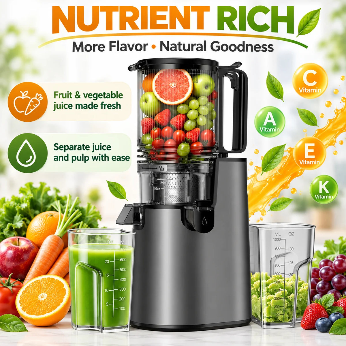 5.4" Large Feed Chute Slow Masticating Juicer, 350W Cold Press Juicer Machines for Whole Fruits & Veggies, 50RPM Quiet Juicer Extractor, Easy to Clean, 2 Color Options, BPA-Free for Home Fresh Juice