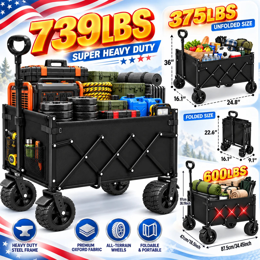 739/600/375LBS Heavy Duty Folding Wagon Cart, Large Capacity Collapsible Utility Wagon with Reinforced Steel Frame, Durable Oxford Fabric, Adjustable Handle, Extra Wide All-Terrain Wheels & Side Storage Pockets for Camping, Shopping, Garden, Beach & Outdo