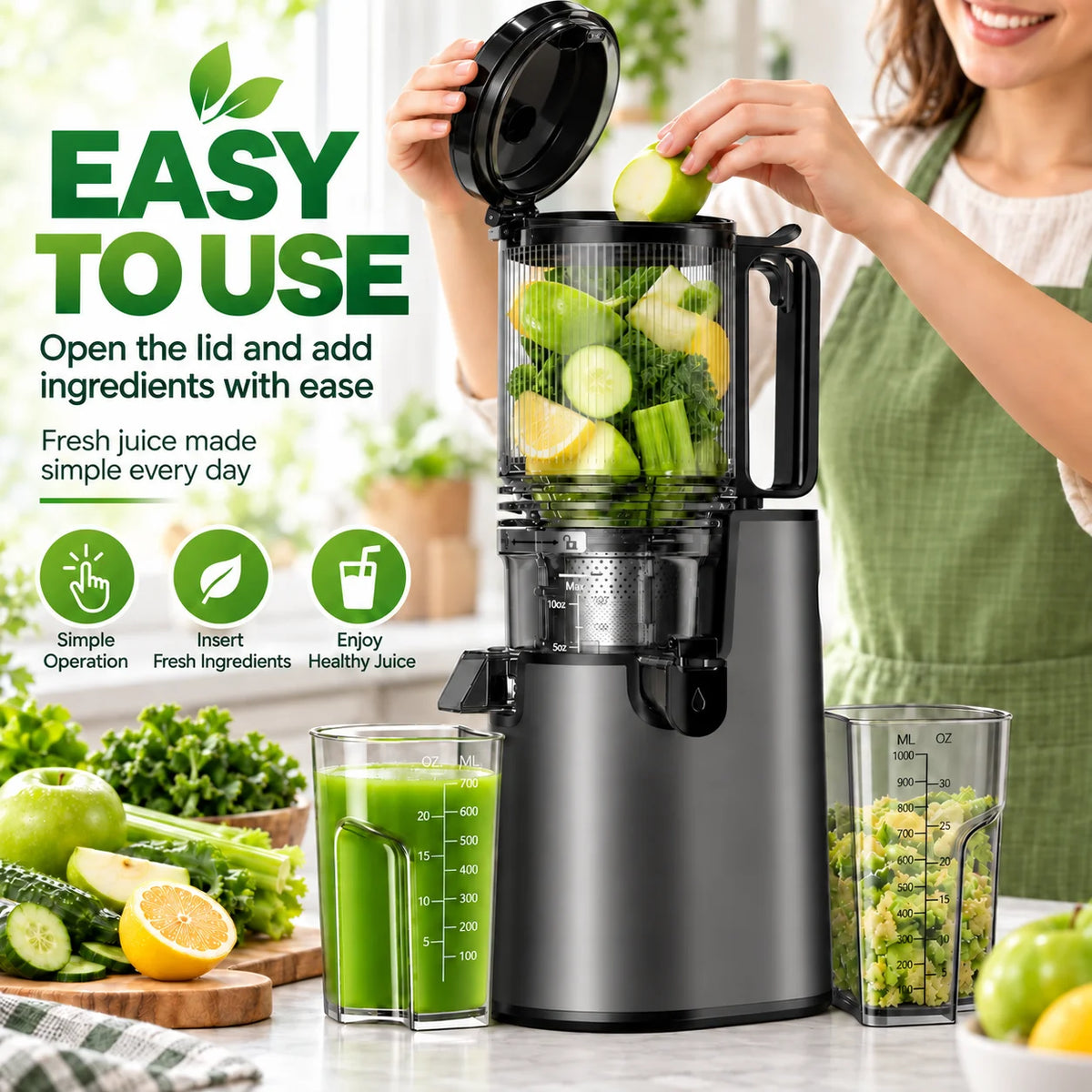 5.4" Large Feed Chute Slow Masticating Juicer, 350W Cold Press Juicer Machines for Whole Fruits & Veggies, 50RPM Quiet Juicer Extractor, Easy to Clean, 2 Color Options, BPA-Free for Home Fresh Juice