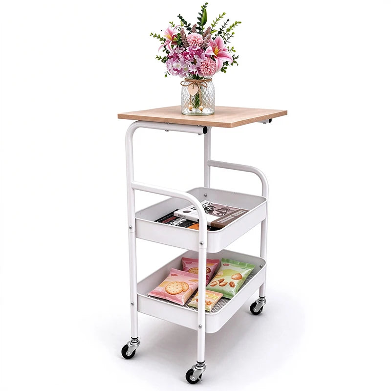 Mobile Rolling Serving Cart with Wood Tabletop, 3-Tier Metal Mesh Storage Utility Cart with Lockable Wheels, Versatile Organizer Trolley for Kitchen, Bedroom, Salon, Bar & Living Room