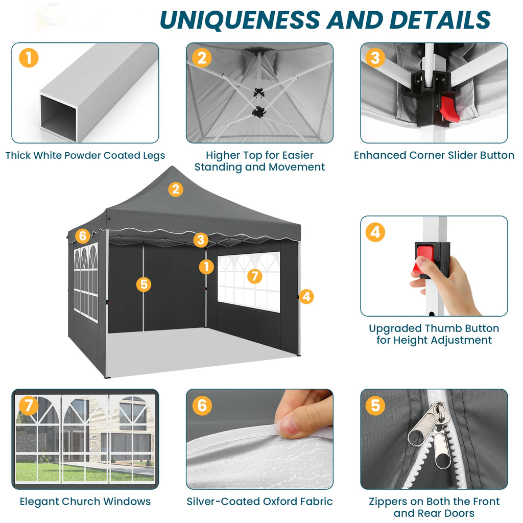 COBIZI 10x10ft Pop Up Canopy Tent with 4 Side Walls & Accessories Kit, Foldable Instant Outdoor Gazebo Shelter, UPF50+ Waterproof UV Blocking Sun Shade, Portable Canopy Tent for Trade Shows, Market Stalls, Parties, Commercial and Personal Events