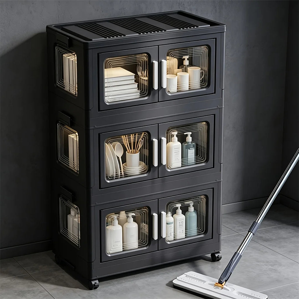 Foldable Storage Cabinet, No Assembly Needed, Stackable and Collapsible Plastic Storage Organizer with Geometric Transparent Double Doors and Ergonomic White Handle, Lockable Silent Wheels, Large-Capacity Dustproof Independent Storage Cabinet,
