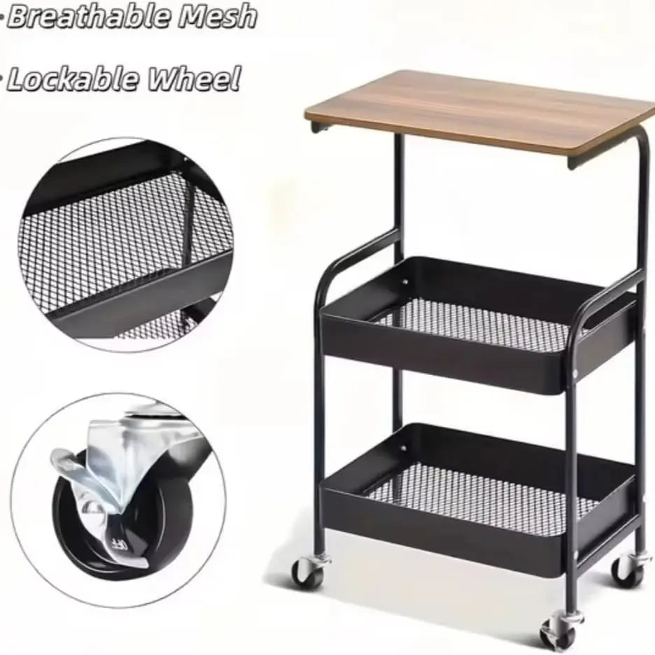 Mobile Rolling Serving Cart with Wood Tabletop, 3-Tier Metal Mesh Storage Utility Cart with Lockable Wheels, Versatile Organizer Trolley for Kitchen, Bedroom, Salon, Bar & Living Room