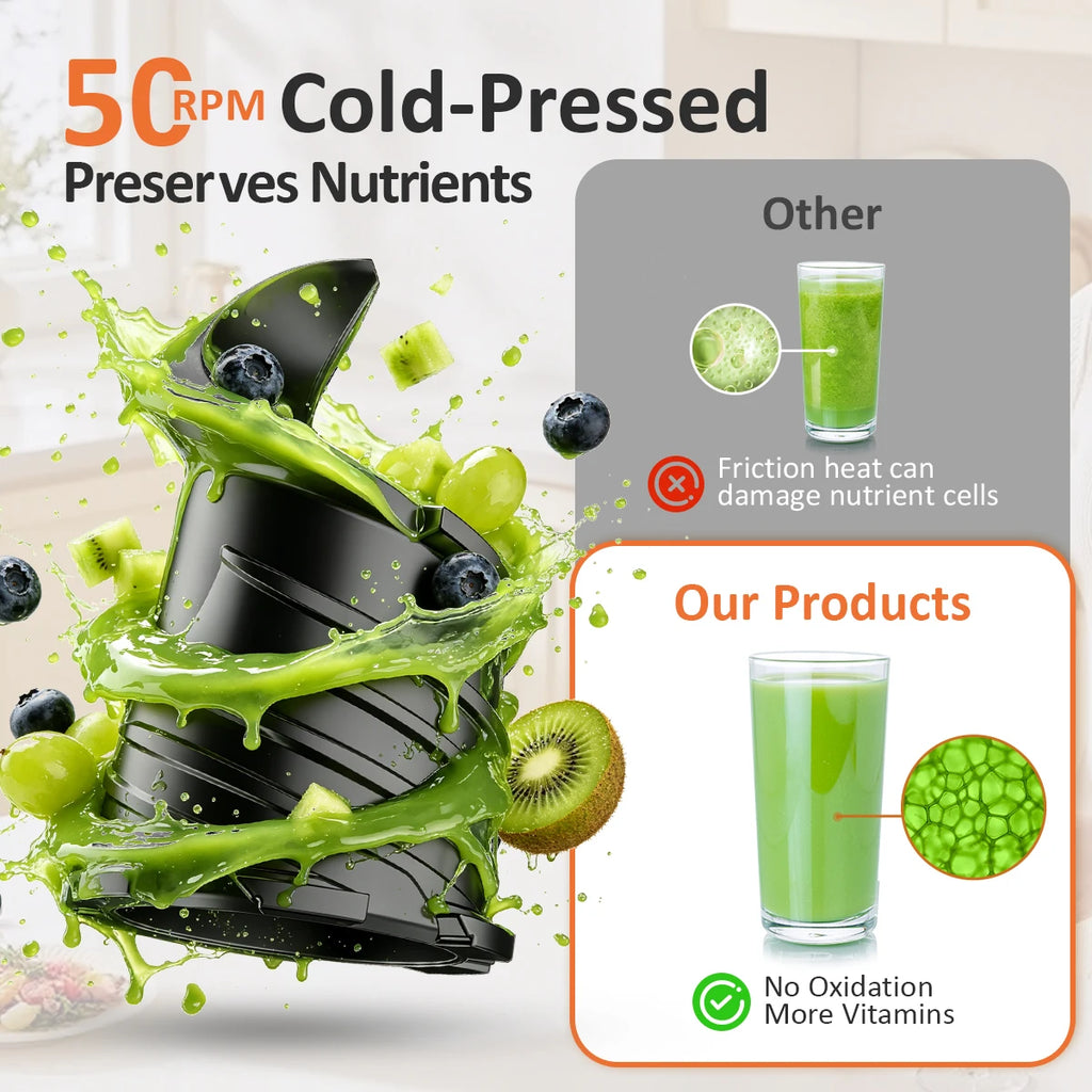 5.4" Large Feed Chute Slow Masticating Juicer, 350W Cold Press Juicer Machines for Whole Fruits & Veggies, 50RPM Quiet Juicer Extractor, Easy to Clean, 2 Color Options, BPA-Free for Home Fresh Juice