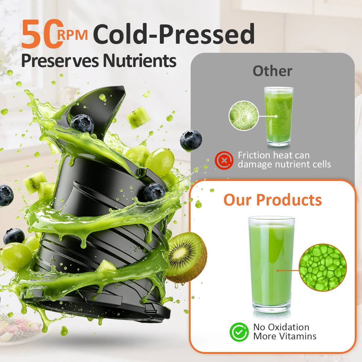 5.4" Large Feed Chute Slow Masticating Juicer, 350W Cold Press Juicer Machines for Whole Fruits & Veggies, 50RPM Quiet Juicer Extractor, Easy to Clean, 2 Color Options, BPA-Free for Home Fresh Juice