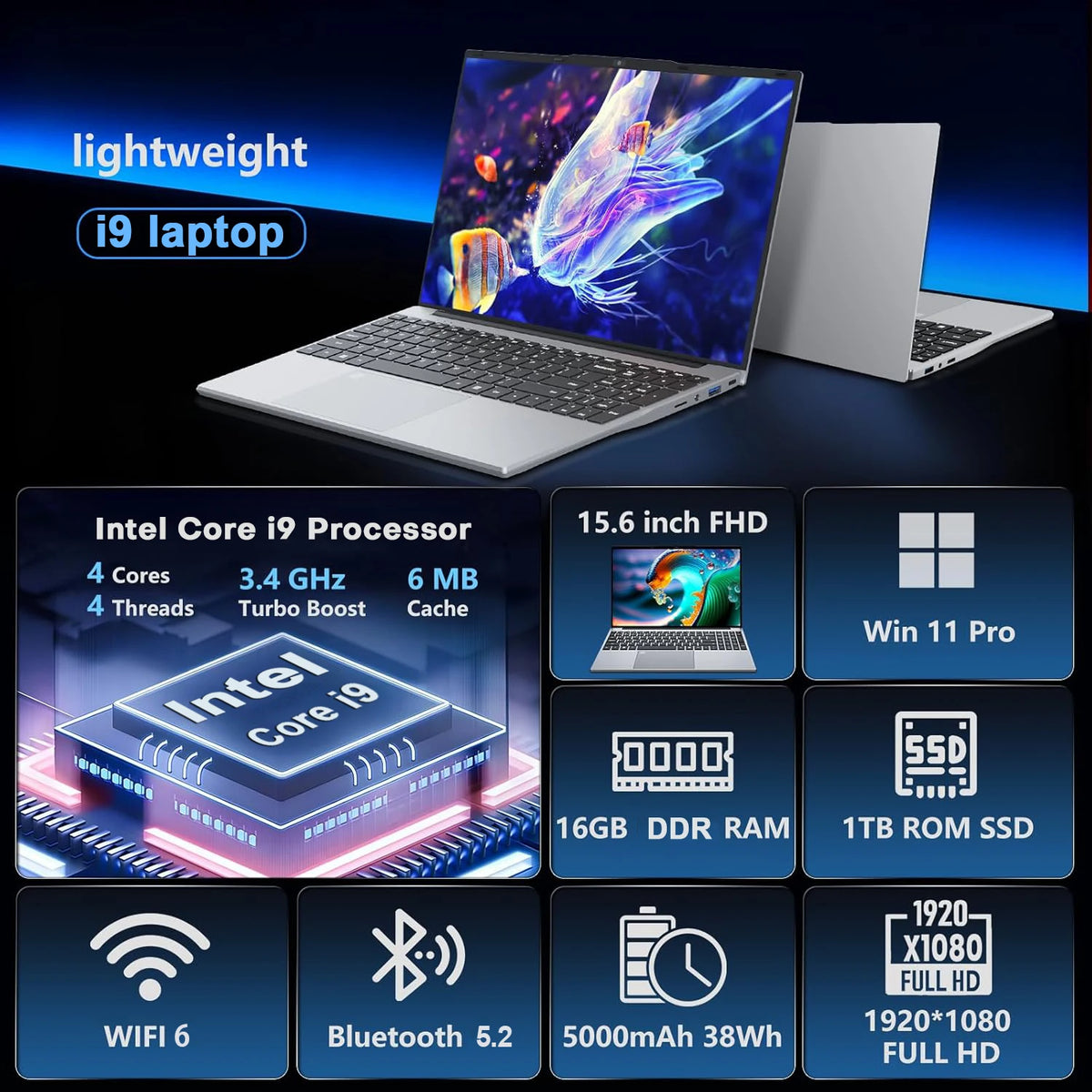 Intel Core i9-9900 Laptop Computer 16GB RAM 1TB SSD Windows 11 Notebook PC Fingerprint Backlight 15.6"Study Office Gaming Laptop