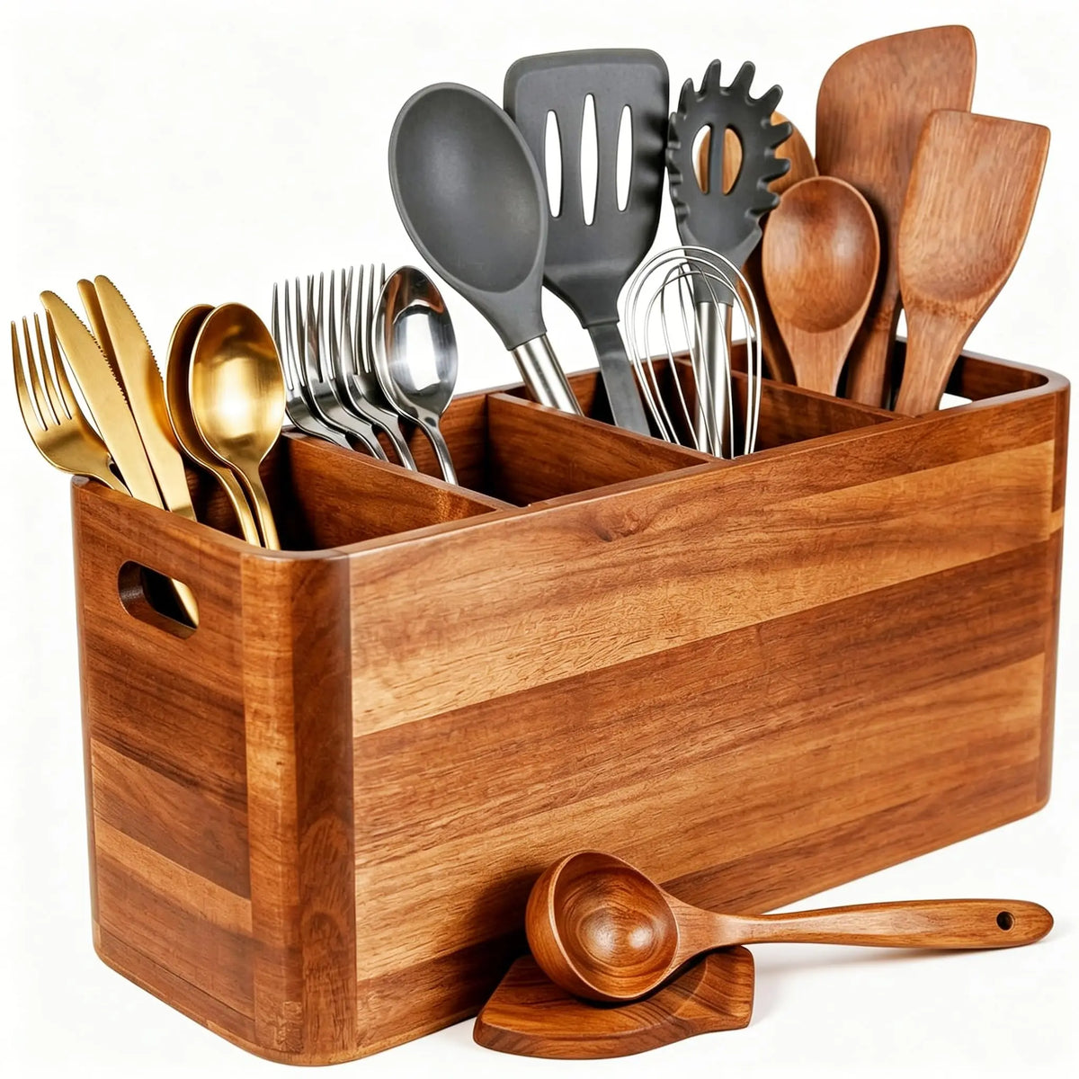 CENTER Kitchen Utensil Holder for Counter or Countertop Extra LargeOrganizer with 4 Compartments, Wooden Utensil Holder for Cooking Silverware,Wood Container Sturdy Utensil Crock