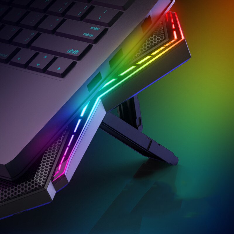 مروحة تبريد لابتوب للألعاب، ست مراوح، منفذا USB، إضاءة LED RGB، حامل نوت بوك للابتوب 12-17 بوصة، لوحة تبريد للابتوب