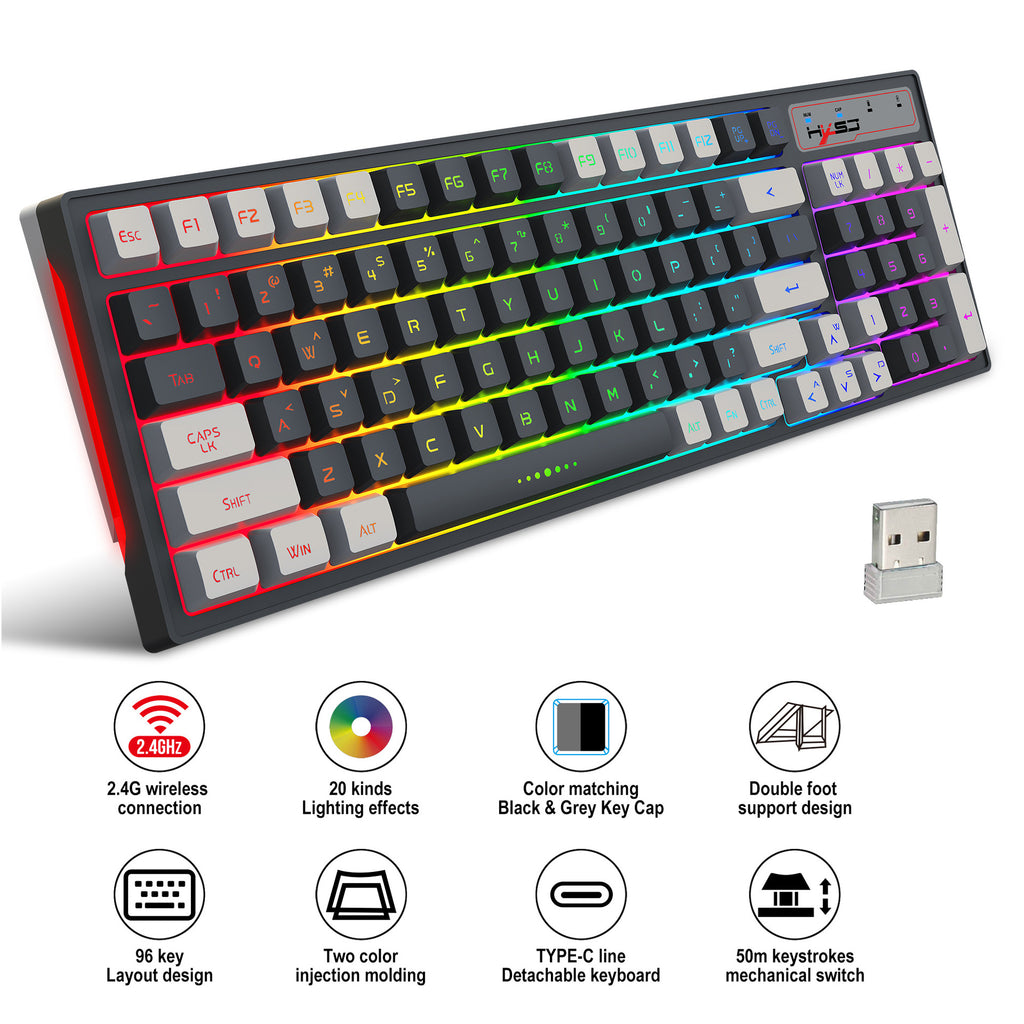 لوحة مفاتيح ألعاب بإضاءة خلفية RGB وأغطية مفاتيح بلونين (رمادي وأبيض) لاسلكية غشائية 2.4G