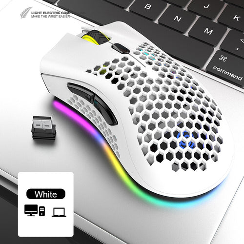 ماوس ألعاب لاسلكي 2.4 جيجاهرتز بـ 7 أزرار 1600 نقطة لكل بوصة، ماوس بإضاءة خلفية RGB قابل للتعديل، قابل لإعادة الشحن، بهيكل خلوي خفيف الوزن، لللاعبين
