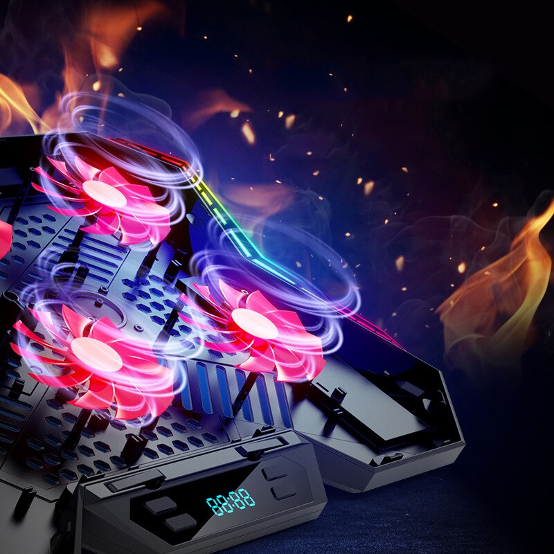 مروحة تبريد لابتوب للألعاب، ست مراوح، منفذا USB، إضاءة LED RGB، حامل نوت بوك للابتوب 12-17 بوصة، لوحة تبريد للابتوب