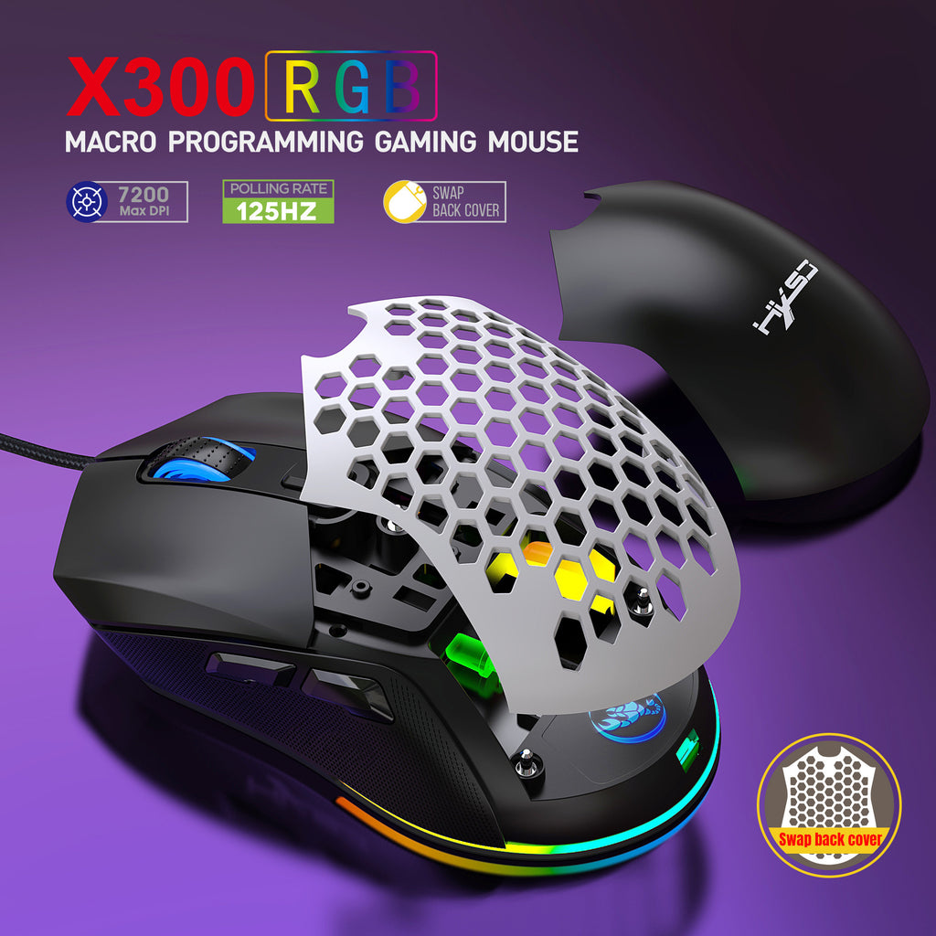 ماوس ألعاب سلكي بإضاءة خلفية RGB 7200DPI، خفيف الوزن بغطاء خلفي قابل للتبديل