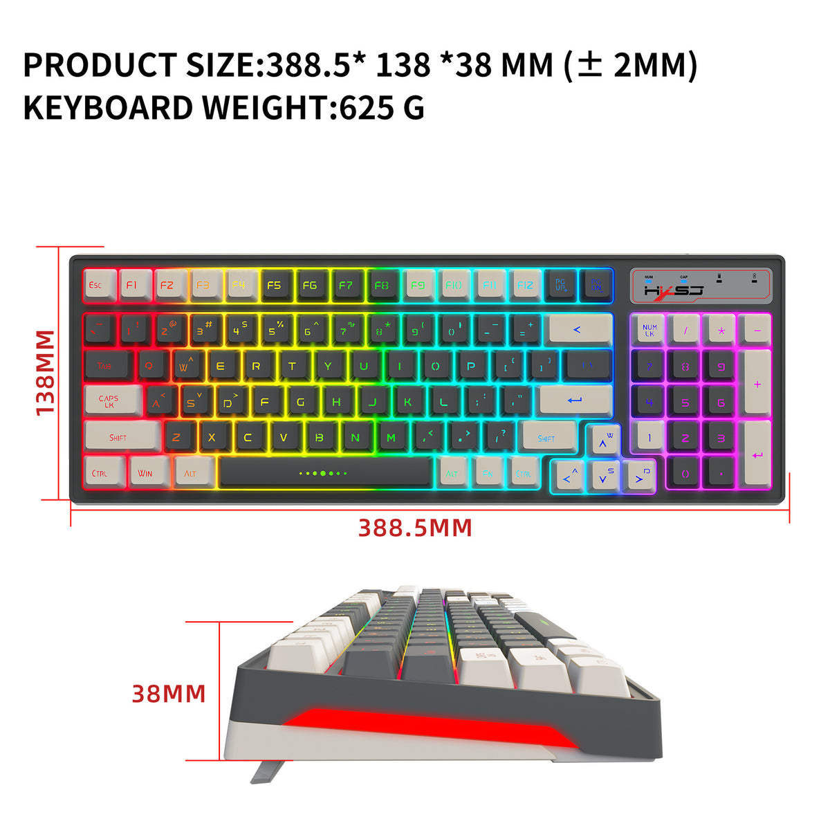 لوحة مفاتيح ألعاب بإضاءة خلفية RGB وأغطية مفاتيح بلونين (رمادي وأبيض) لاسلكية غشائية 2.4G