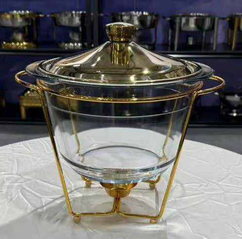 4L Stainless Steel Pot with Golden Heat-Resistant Glass Lid Constant Temperature Alcohol Heated for Dining in Hotels Restaurants