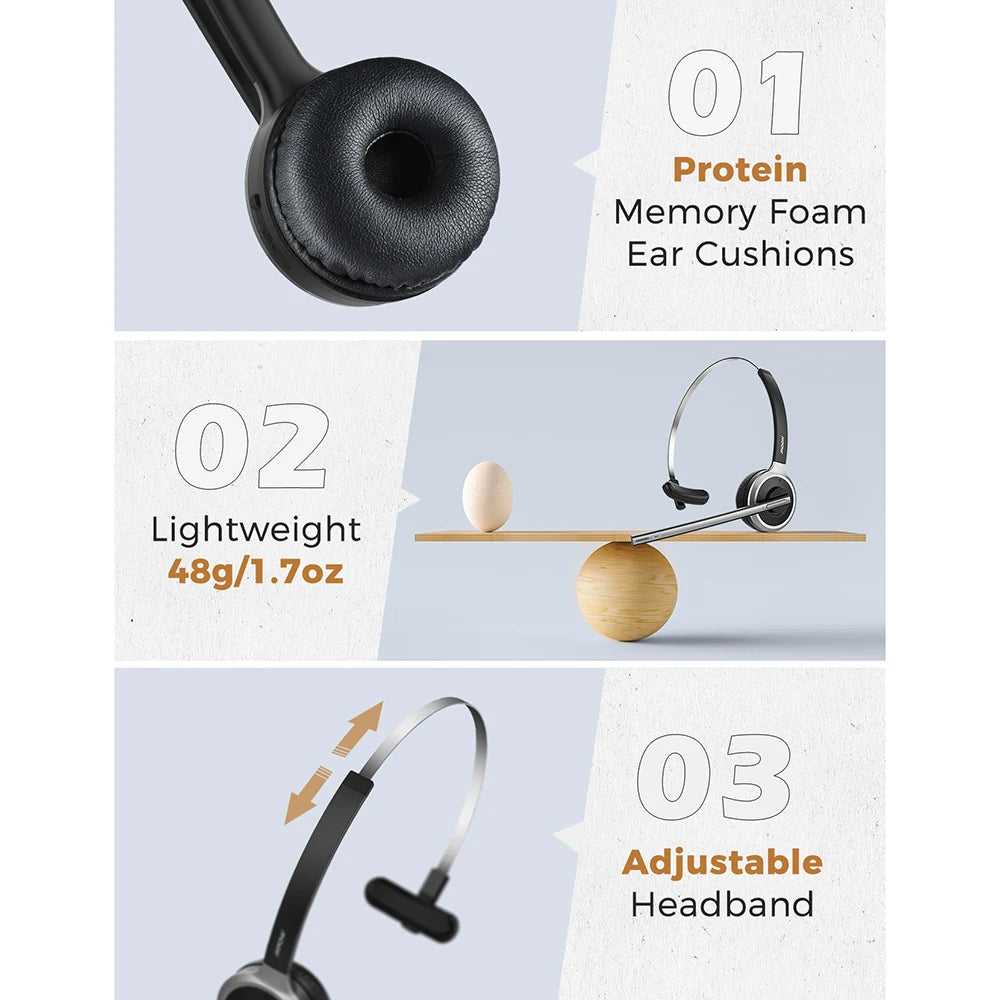 1/2 Pack Mpow M5 Bluetooth V5.0 Headset Wireless Truck Driver Headphones Hands-free Call Headset with Mic for Call Center Office