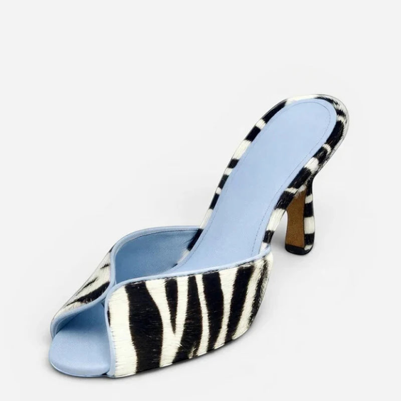 Big Size 45 Women's Zebra Print Horse Hair Sandals Sexy Peep Toe Mules Wide Fit High Heels Slippers Leopard Shoes