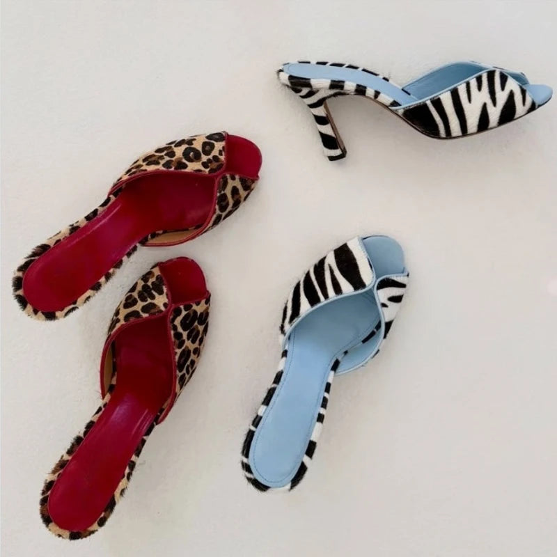 Big Size 45 Women's Zebra Print Horse Hair Sandals Sexy Peep Toe Mules Wide Fit High Heels Slippers Leopard Shoes