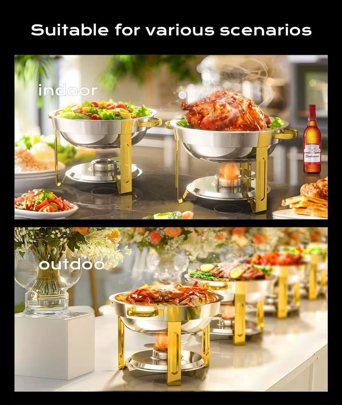 Cross-Border 410 Stainless Steel Buffet Stove with Rack Insulation Silver/Gold Restaurant Golden Round Alcohol Food Heater