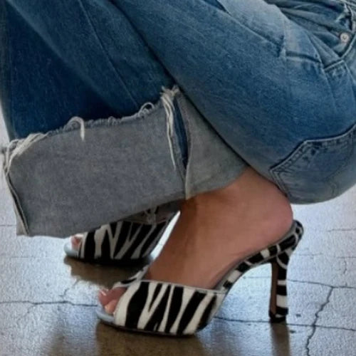 Big Size 45 Women's Zebra Print Horse Hair Sandals Sexy Peep Toe Mules Wide Fit High Heels Slippers Leopard Shoes