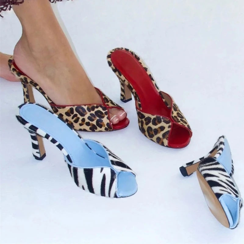 Big Size 45 Women's Zebra Print Horse Hair Sandals Sexy Peep Toe Mules Wide Fit High Heels Slippers Leopard Shoes