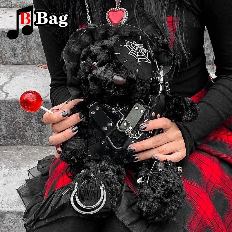 Handmade Gothic Lolita Bear Doll Bag Cool Blood Yandere Gloomy Shoulder Bags Punk Soft Girl Goth Halloween Cosplay Backpack Gift