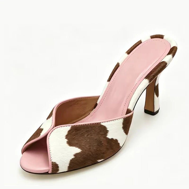 Big Size 45 Women's Zebra Print Horse Hair Sandals Sexy Peep Toe Mules Wide Fit High Heels Slippers Leopard Shoes
