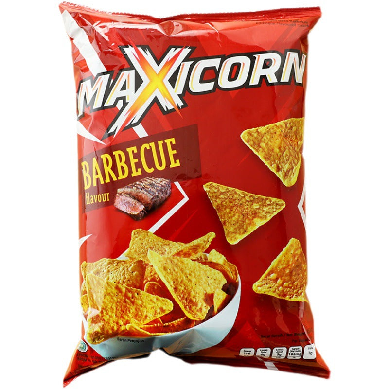 Indonesia Imported Max Barbecue Cheese Flavored Corn Flakes Triangle Chips Casual Puffed Snacks Wholesale