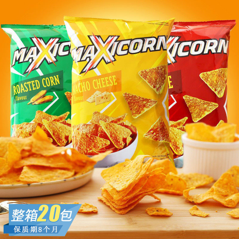 Indonesia Imported Max Barbecue Cheese Flavored Corn Flakes Triangle Chips Casual Puffed Snacks Wholesale