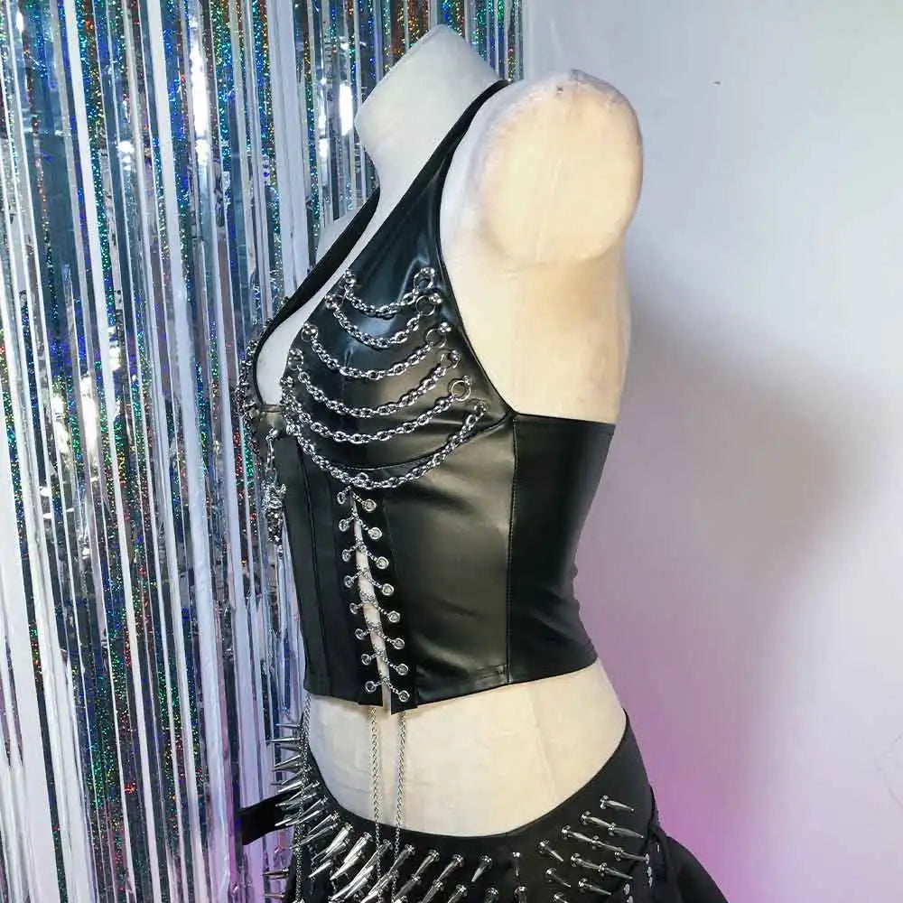 Y2K Cybergoth Gothic Corset Top for Women with Chain Tank Top Emo Clothing Grunge Style Cyber Punk Rock Rave Festival Bra Shirt