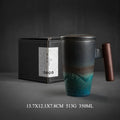 Luxury Retro Tea Cup Ceramic Mug Large Capacity Office Filter Black Water Cup with Cover Mugs Wooden Handle Cups Gift Ideas Box