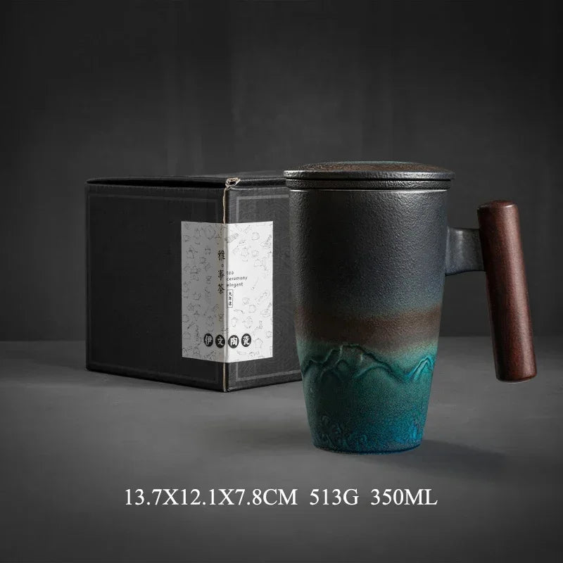 Luxury Retro Tea Cup Ceramic Mug Large Capacity Office Filter Black Water Cup with Cover Mugs Wooden Handle Cups Gift Ideas Box