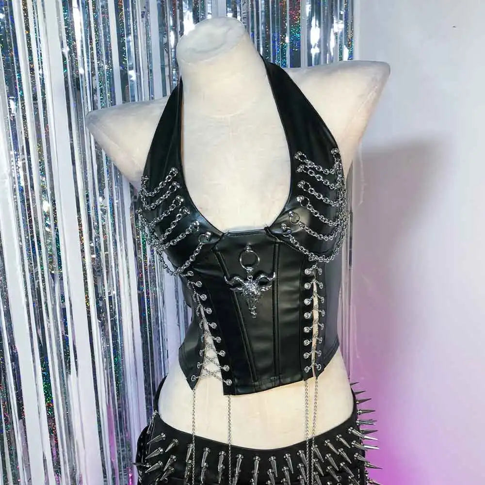Y2K Cybergoth Gothic Corset Top for Women with Chain Tank Top Emo Clothing Grunge Style Cyber Punk Rock Rave Festival Bra Shirt