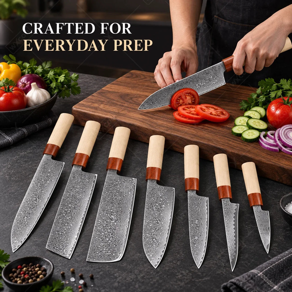 WXCOO Japanese Steel 67 Layer Damascus Chef Knife Ultra Sharp Nakiri Santoku Cleaver Cutlery Set for Meat Vegetable Home Cooking