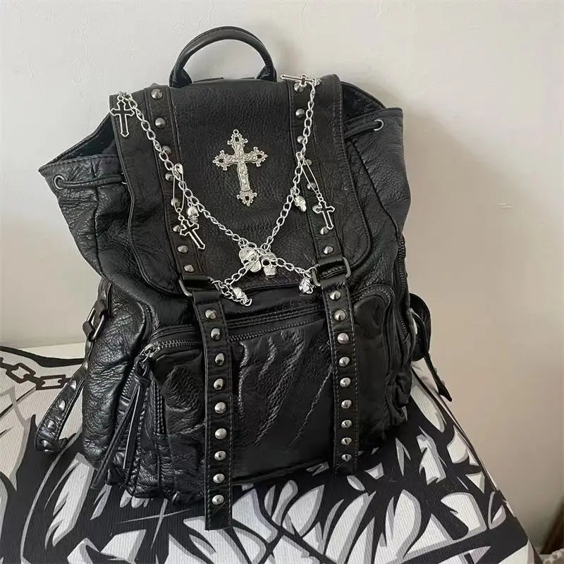 Grunge Rivet Black Y2k Backpack Women Gothic Subculture Punk Cross Black Mochila Ladies Vintage Harajuku Backpacks Aesthetic