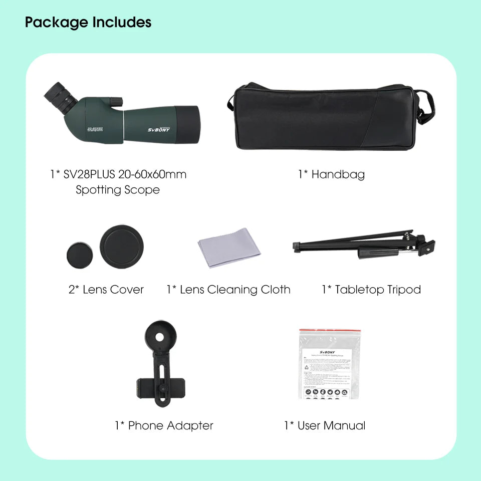 Svbony SV28plus 50/60/70mm Spotting Scope Powerful Zoom Telescope Long Range PORRO Prism Suit Archery Target Shooting Camping