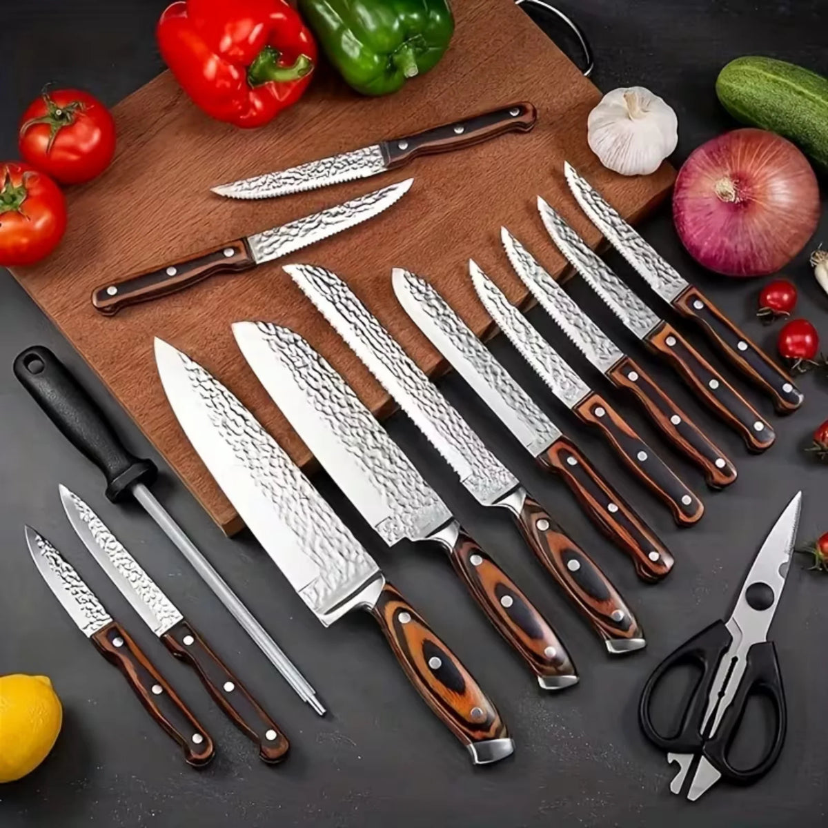 Professional 15PCS Forged Hammer Finish Kitchen Knife Set Pakka Wooden Handle Kitchen Cutlery Set with Knife Block Scissors Sharpener Complete Household Cooking Knives