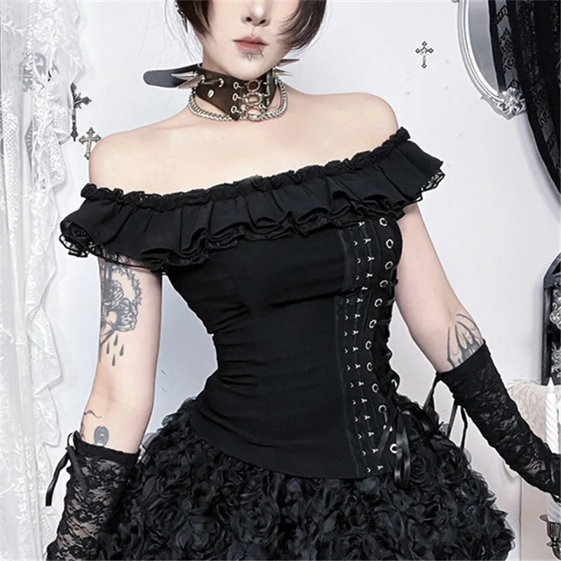 Goth Dark Mall Gothic Solid Square Neck Corset Tops Lace Patchwork Kawaii Off Shoulder Tanks Top Trim Bandage Shirts Streetwear