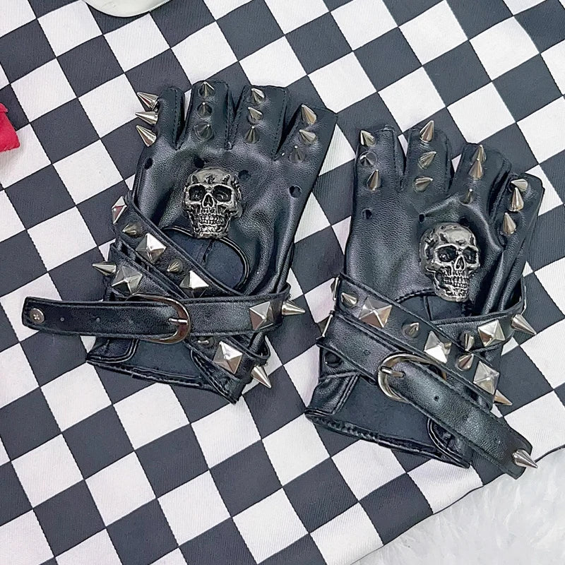 Punk Vintage Glove Y2K Fashion Gothic Harajuku Metal Rivet Skull Half Finger Black PU Leather Rock Gloves Lolita Coaplay Gloves