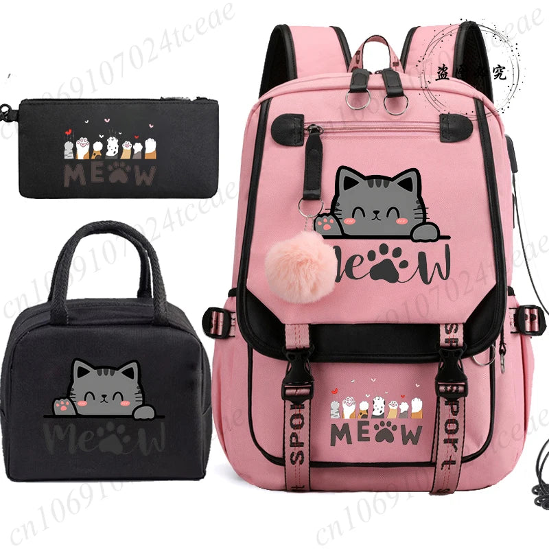Teenager School Backpack for Students Daily Bagpack Backpacks for Girl Black Cat Cartoon School Bag with Pen Lunch Bags 3pcs/set