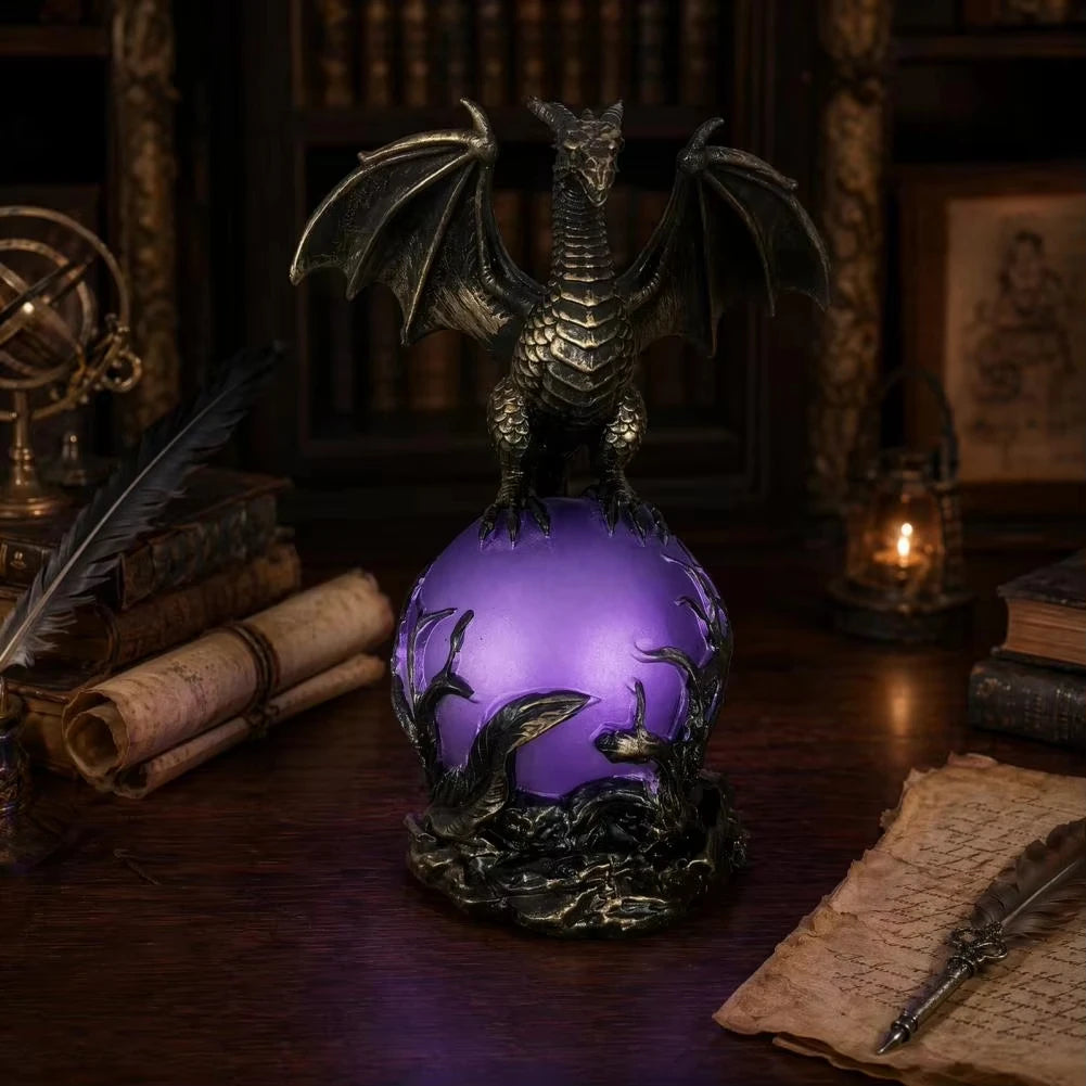 USB Powered Dragon Orb Mood Lamp, Dark Fantasy Resin Dragon Statue Figurine, Gothic Desktop Decor Gift for Men