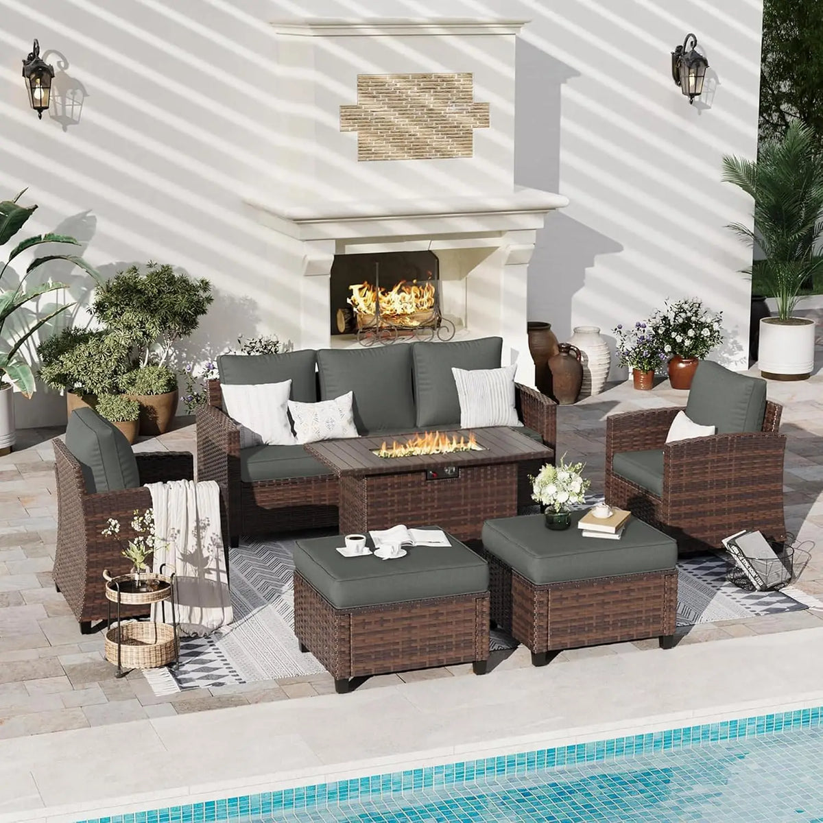 6 PCS Patio Furniture Set with Fire Pit,Rattan Patio Set,Dark Grey, Customized