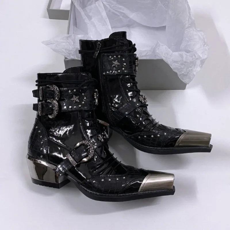 Gothic Punk Style Platform Couple Ankle Boots Designer Metal Decorative Belt Buckle Women Mans Motorcycle Booties Zapatos Hombre