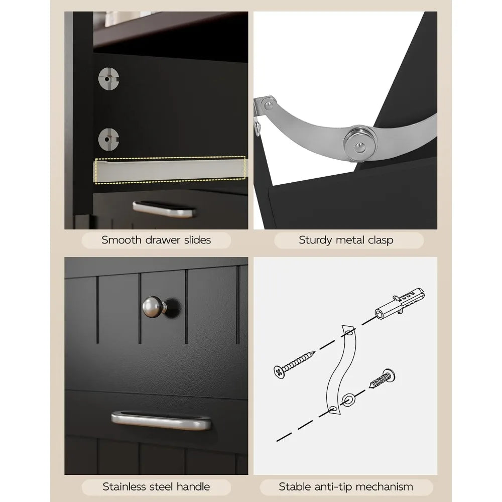Betterhood Tilt Out Trash Cabinet with Outlet & USB, 2 Drawers, Wooden Laundry Hamper, Black