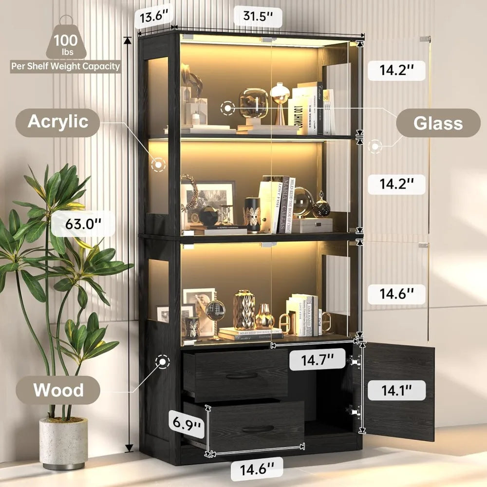 4-Tier Display Cabinet with Glass Doors, 3-Color LED Lights & Motion Sensor, Storage Shelves & Drawers, Black Oak