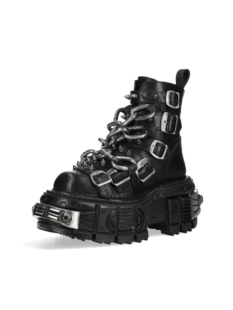 Gothic Platform Ankle Boots Spanish Rock Punk Chunky Heel Motorcycle Boots with Chains Streetwear Combat Boots for Men