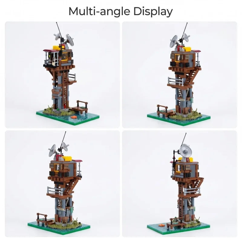 Post-Apocalyptic Watchtower Building Blocks Set, Abandoned Lighthouse Model with Satellite Dish, DIY Assembly Bricks, Collectibl
